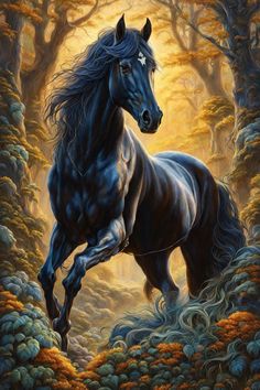 a painting of a black horse running through a forest filled with leaves and flowers,