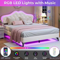 an image of a bed with lights and music on the headboard in front of it