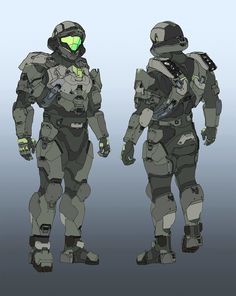 an image of two futuristic soldiers in full body armor standing side - by - side