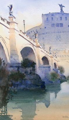 watercolor painting of a bridge over a body of water with statues on top and buildings in the background