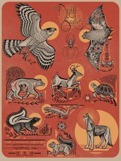 an old poster with animals and birds on it