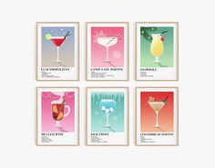 four posters with different types of cocktails on the front and back of each one