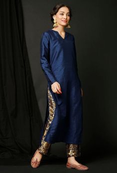 Raw Silk Suits Designs, Raw Silk Kurti Designs, Royal Blue Kurti Design, Brocade Kurti Design With Pants, Banarasi Kurti Design, Brocade Pants Outfit, Banarasi Kurta Designs Women, Silk Kurta Designs Women Classy, Brocade Salwar Suit