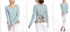 three pictures of a woman wearing white pants and a blue sweater with ruffles