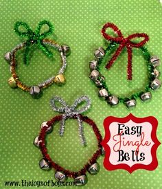 three christmas bracelets with bells and bows on green tablecloth, text easy jingle betts