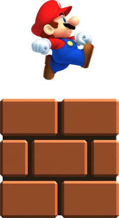 a nintendo wii game character jumping over a brick wall