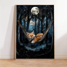 a painting of a fox sleeping in a hammock