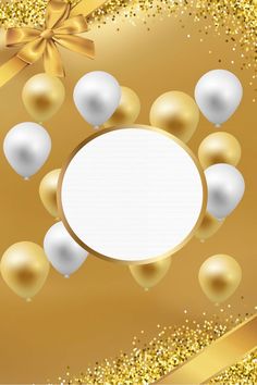 a gold background with white balloons and a bow on the top right corner is an empty circle surrounded by golden confetti