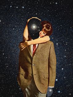 a man and woman embracing each other in front of the night sky with stars behind them