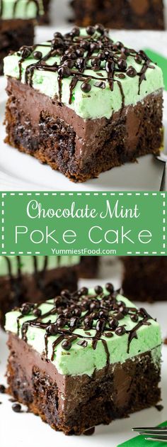 chocolate mint poke cake on a white plate