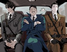 three men sitting in the back seat of a car, one with his arms crossed