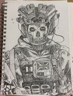 a drawing of a skull wearing a helmet and holding a camera in front of him