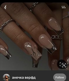 Natural Nails Acrylic With Design, Simple Chrome Nails Designs, Silver Chrome French Tip Nails, Chrome Metallic Nails, Kali Uchis Nail Ideas, Square Gel X Nails, Gelextensions Nails, Uv Gel Nails Designs, Drake Nails