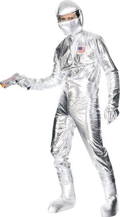 a man in an astronaut suit holding a cell phone