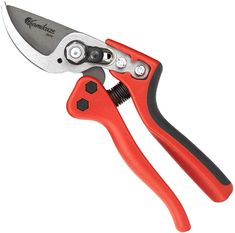 a pair of pliers with red handles and black handles are open on a white background