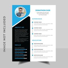 a blue and black resume template with a photo on the front, an image of a man