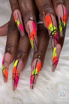 Bright Nails With Design, Carnival Nails Ideas, Stiletto Neon Nails, Neon Acrylic Nails Designs, Neon Nails Acrylic, Nail Designs Neon, Neon Nails Designs, Graffiti Nail Art, Summer Nails 2023