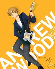 a young man holding an electric guitar in front of a yellow background with the words new wave on it