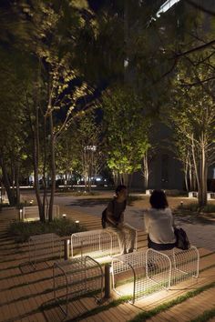 two people sitting on benches at night in a park with trees and lights behind them