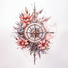 a drawing of a compass with flowers on it