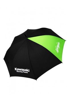 an umbrella with the kawasaki racing team on it's side and neon green trim