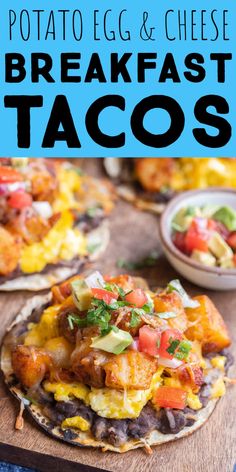 potato egg and cheese breakfast tacos on a wooden cutting board with text overlay