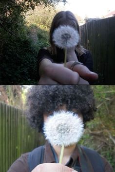 two pictures of a person holding a dandelion in their hand