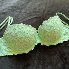 Gorgeous, Brand New Pink Bra From Mid 2000s! I Only Wore This Once, And It’s Been Sitting In My Closet And Ready To Go To Somewhere Who Actually Wants To Wear It! Quality Is Like New Green Lace Bra With Lace Trim, Green Push-up Bra With Padded Cups, Green Lace Bra With Padded Cups, Green Fitted Lace Bra, Spring Green Bra With Lace Trim, Green Lace Trim Bra For Spring, Pink Bra, Green Lace, Pink Lace