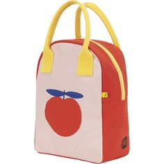 a red and white lunch bag with an apple on the front, yellow handles and straps