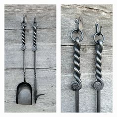 three different types of tools hanging on the side of a wooden wall with metal handles