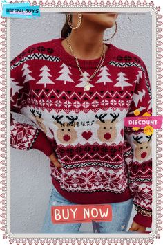 New Winter Clothes Red Christmas Clothes Pullover Holiday Sweater Red Long Sleeve Christmas Sweater, Christmas Holiday Crew Neck Sweater, Red Festive Winter Sweater, Red Christmas Holiday Sweater, Red Crew Neck Sweater For Winter, Christmas Holiday Fair Isle Tops, Casual Fair Isle Pattern Tops For Christmas, Fair Isle Pattern Tops For Christmas Holiday, Red Holiday Top For Winter