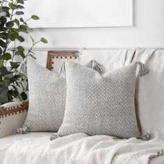 two pillows sitting on top of a white couch next to a potted green plant