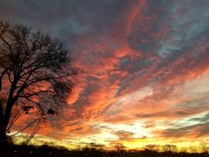 the sky is filled with colorful clouds as the sun sets in the distance behind a tree