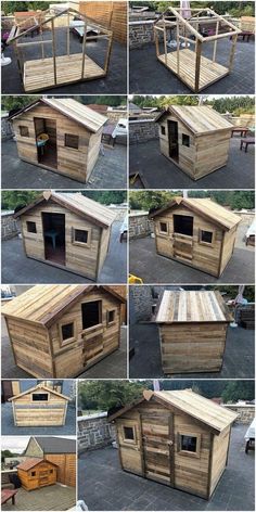 several pictures of different types of wooden buildings