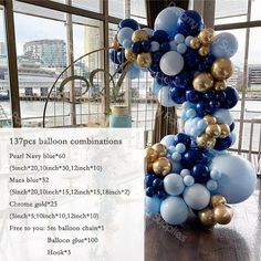 a table topped with blue and gold balloons next to a sign that says balloon combinations