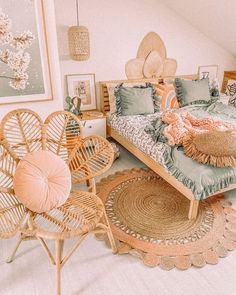 a bedroom with wicker furniture and pictures on the wall