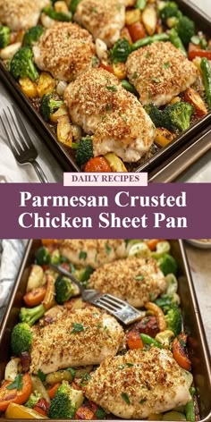 Indulge in a delicious and easy-to-make Parmesan Crusted Chicken Sheet Pan Dinner that will satisfy your taste buds and simplify your weeknight meals. This recipe features juicy chicken breasts coated in a crispy Parmesan crust, roasted to perfection alongside tender seasonal vegetables. With just one pan to clean up, this meal is a time-saving and mouthwatering dinner option for busy nights. Try this recipe today and treat yourself to a flavorful and hassle-free dinner! Prep Meals Ideas, Low Carb One Pan Dinners, One Pan Recipes Healthy, Healthy Casserole Recipes For Dinner, Healthy Sheet Pan Recipes, Healthy Sheet Pan Meals, One Pan Chicken Dinner, One Pan Recipes, Chicken Sheet Pan Dinner