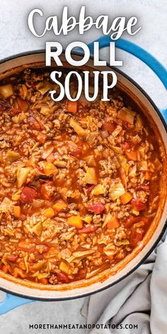 cabbage roll soup in a blue pot with the title above it