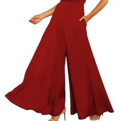 Womens Sleeveless Halter Tied Jumpsuit With Pockets High Waist , Wide Leg Red Sleeveless Jumpsuits And Rompers, Summer Party Stretch Pantsuit, Summer Stretch Pantsuit For Party, Summer Party Jumpsuit With High-waisted Pants, High Waist Formal Jumpsuits And Rompers For Summer, Summer Wide-leg Pantsuit For Party, Red Strapless Jumpsuit For Summer Party, Solid Color Party Jumpsuits And Rompers With Pockets, Red Summer Formal Jumpsuits