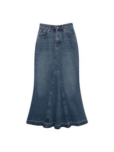 Olivia Mark - High-Waisted Denim Midi Skirt with Hip-Hugging Mermaid Hem Mermaid Skirt Outfit, Midi Mermaid Skirt, Denim Long Skirt, Midi Jean Skirt, Denim Skirt Outfits, Fishtail Skirt, Elastic Waist Skirt, Mermaid Skirt, Denim Midi Skirt