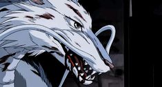 an animated wolf with white fur and red eyes