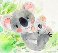 a watercolor painting of two koalas hugging each other