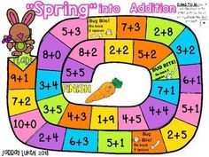 the spring into addition board game with numbers and an image of a carrot on it