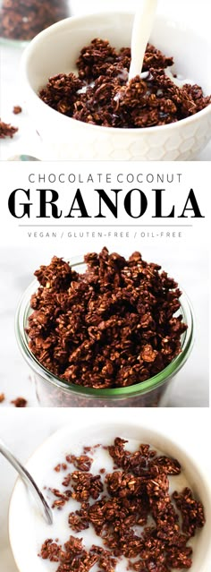 chocolate coconut granola in a bowl with milk being poured into it and on top