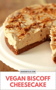 vegan biscoff cheesecake on a white plate