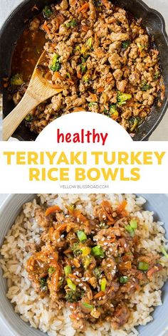 healthy teriyaki turkey rice bowls with broccoli and carrots on top