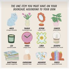 a poster with different types of items that are in front of the words'the one item you must have on your bookcase according to your sign