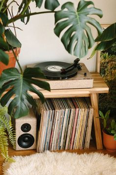 a record player sitting on top of a wooden table next to a potted plant