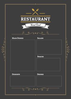 the restaurant menu is shown in black and gold