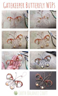 a collage of images showing how to make wire butterflies